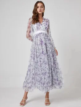 Designer New Mulheres Primavera-Verão da Boêmia de Alta Qualidade Vintage Elegante, Sexy Impressão de Malha Longo Vestido Casual de Moda de Vestidos de Festa
