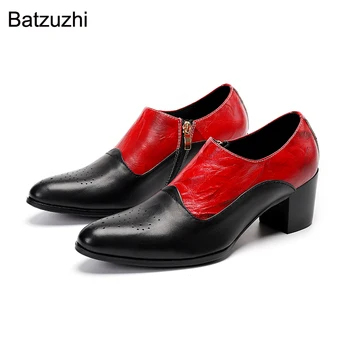 Batzuzhi Estilo Japonês de Moda de Sapatos de homem Zip Macio Vestido de Couro Sapatos de Homens de Preto Vermelho 7cm Saltos Altos da Festa de Casamento e Zapatos