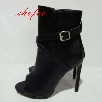 SHOFOO sapatos,Belas e elegantes mulheres sapatos de couro preto , botas de salto alto, boca de peixe botas, meados de bezerro botas.