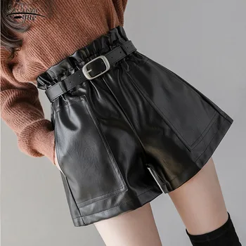 Moda Preto PU Couro, Shorts de Mulheres de Outono e Inverno, Shorts de Cintura Estilo coreano de Cintura Alta Largura de Perna Shorts Feminino 11091