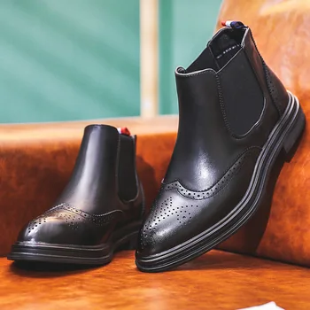 O designer coreano ocasionais de mens de negócios de casamento vestido formal chelsea boots brogue sapatos de couro de vaca de inicialização novilho tornozelo botas hombre
