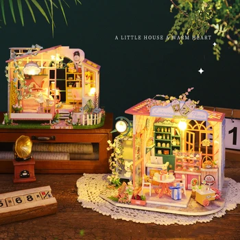 Europeu moderno e Acolhedor em Madeira Estilo DIY Casa de Boneca Flor do Sonho a Hora do Chá Cabine Com Móveis em Miniatura Sala de Brinquedos Para Crianças de Presente