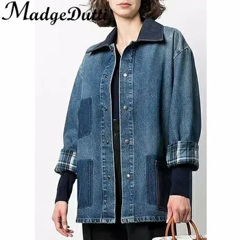 10.12 MadgeDutti Moda Vintage Angustiado Bolso Emendados Lapela Confortável Solta Jaqueta Jeans Mulheres