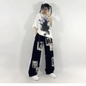 De Grunge, Punk Patchwork Jeans Preta Mulheres Hip Hop e Streetwear Impressão Oversize de Perna Larga Calças anos 90 Moda Vintage Calças Outono de Novo