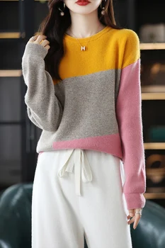 - Coreano-estilo de bloqueio de Cores Camisola de Malha feminina Outono Inverno Novo Nicho de Design Solta em torno do Pescoço Pulôver de Lã Assentamento Shir