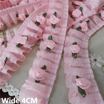 4CM de Largura Nova cor-de-Rosa Plissada Chiffon Tecido Bordado Franja do Laço de Fita Gola Ruffle Guarnição DIY Vestido de Noiva Guipure de Costura, Decoração