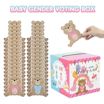 Gênero Revelar Festa de Voto Caixa com o 60Pcs de desenho animado do Urso de Cédula de Cartões de Bebê Chuveiro Convites Decorações Ele Ou Ela Votação Jogos