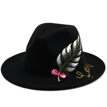 Ampla brim, chapéu alto e preto pintado à mão, pintados de folhas de brim liso tweed outono inverno senhoras jazz chapéu casal de lã, chapéu alto