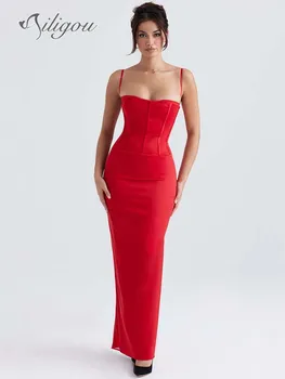 Ailigou 2023 Nova Verão de Mulheres Elegantes Vermelho Apertado Strapless Vestido Longo Sexy sem encosto Festa de Celebridades Cerimônia de Vestidos