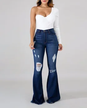 Mulheres Rasgado Casual Cintura Alta Recorte Cru Bainha Jeans Moda Jeans Calça Jeans