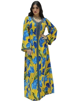 Estampa Floral Marrocos Vestimenta Muçulmana Mulheres Abaya Kaftan Eid Festa Vestidos De Noite Turquia, Dubai Outono Islã Túnica Longa Femme Vestido