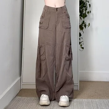 As mulheres do Vintage Carga Solta Calças coreano Moda Zíper Botão de Cintura Baixa Calças com Bolsos Harajuku Grunge Retro Streetwear