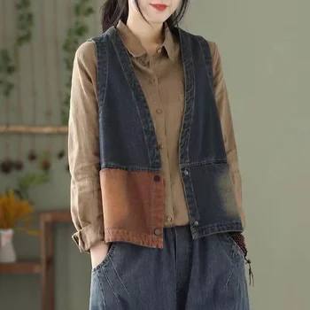 Versão coreana Retro Colete Jeans Primavera Y2k de Verão de Roupas femininas Solta Plus Size Casaco Curto de Moda de Correspondência de Cor de Pescoço de v Novas