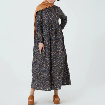 Estampa Floral Casual Maxi Vestidos Para as Mulheres O-pescoço Longo da Luva Manto de Cintura fina Muçulmano Roupas Confortáveis 2022 Abayas