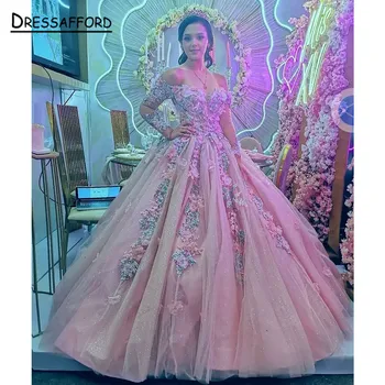 Cor-de-rosa Vestido Quinceanera Bola Vestido de Flores em 3D Apliques de Renda Espartilho Doce De 15 A 16 de Formatura, vestidos de 15 anos