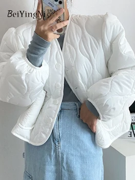 Beiyingni 2022 Coreano Chic Curto Coats Mulheres Branca Preta Grossa Quente De Outono Casacos De Inverno Feminino Botões PocketsPadded Roupas