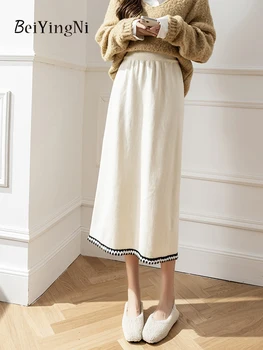 Beiyingni Mulher Uma linha de Cintura Alta de Malha, Saia coreano Casual Elegante Laço Preto Midi, Saias Slim Moda Vintage Chic Faldas