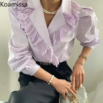 Koamissa Eleagnt Mulheres a Camisa de Mangas compridas Senhora do Escritório Vire para baixo de Gola V-neck Lace Blusa Nova Primavera, Outono Solta coreano Tops