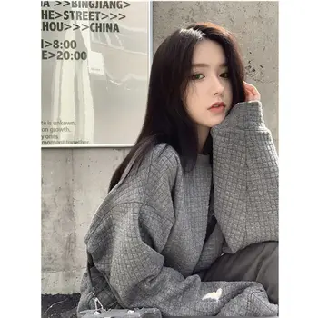Retro suéter cinza de mulheres da primavera e do outono fina coreano solta hoodless Pulôver de gola redonda topo