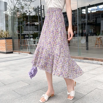 Irregular Floral Roxo Elegante Longo de Cintura Alta de Mulheres de Verão, Saias Estilo coreano Saia de Moda 2022 Harajuku Roupas Kawaii