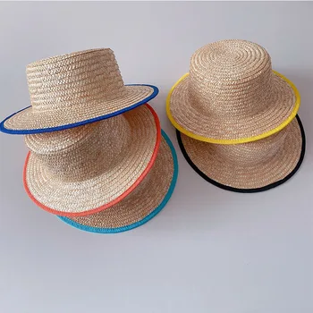 Crianças o chapéu de Palha de Trigo Chapéu de Topo Plano Multicolor Borda de Proteção solar Caps Garota Verão Chapéu de Aba Larga o Chapéu, Férias Chapéus de Sol