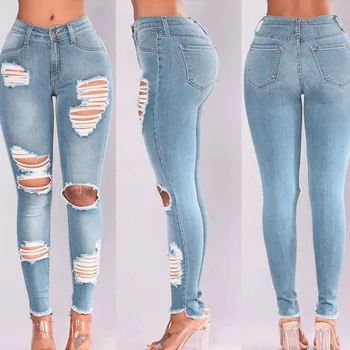 Mulheres Ripped Jeans Outono 2021 Nova Moda das Mulheres de Ajuste Fino Trecho Lápis de Cintura Alta Jeans Lavado Jeans Azul clara, Calças de