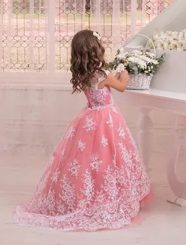 Lace a Primeira Comunhão Vestidos Crianças Vestidos de Noite Comprimento do Assoalho Pouco de Vestidos da menina de Flor Blush cor-de-Rosa Vestido Concurso