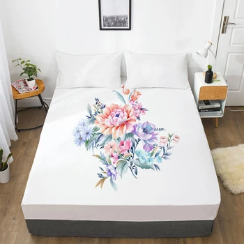 1pc Elástico equipado folha de folha de cama Com Um Elástico Tampa de Colchão de Cama de capa Personalizável tamanho de roupa de Cama Brancas Flores de peônia
