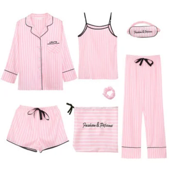7 Peças de Seda do Pijama Mulheres Primavera-Verão de manga comprida, Calças Suspensórios Pijama Listrado Casual, Sexy Casa Desgaste