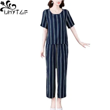 UHYTGF Mulheres Pijama de Algodão Macio de Seda Confortável Verão Duas peças de Conjunto Feminino de meia-Idade a Idosos Mãe Casual Fina roupa de dormir 2375