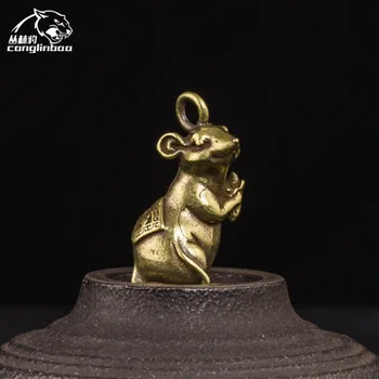 Requintado Lucky Mouse Mini Pingente De Bronze Do Zodíaco Rat Pingente De Cobre Puro Mouse Carro Chaveiro Saco Pingente