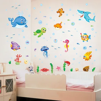Cartoon Peixes debaixo d'água Adesivos de Parede para Quarto de Crianças, Decoração de Bonito Mural de Arte DIY Casa Decalques Auto-Adesivo PVC Cartazes