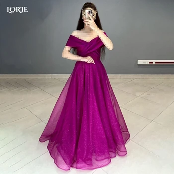 LORIE Glitter Rosa Vestidos de Noite Fora de Ombro Brilhante Plissado Uma Linha de Vestidos de Baile de Dubai, Arábia Personalizado Cor Sólida Vestido da Celebridade