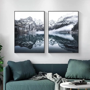 Lago de montanha de Nevoeiro Reflexão Tela de Pintura Nórdica Paisagem natural Pôsteres e Impressões de Arte de Parede Imagem Moderna Decoração do Quarto