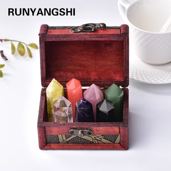 Runyangshi 1set Tesouro caixa de madeira terno de Sete Estrelas matriz de cristal pilar de cristal varinha de pontos de Energia gem