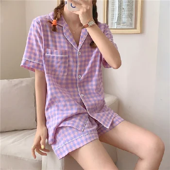 2022 Mulheres Conjunto de Pijama de Algodão Curto manga Verão Xadrez Pijama de Mulheres de Dois Conjuntos de peças para Casa Vestir Ternos Sleepwear