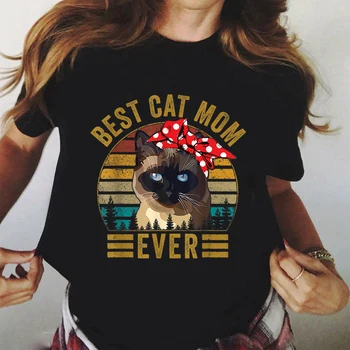 Melhor Gato Mãe Nunca T-Shirt Mulher T-Shirt de Manga Curta T-Shirts e Tops de Verão para as Mulheres Tee Fêmea Camisa Gato Bonito Gráfico T-Shirts