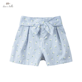 DB17425 dave bella verão bebê meninas de moda arco floral shorts listrado crianças menina bonito calça infantil criança calças