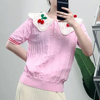 Mão de Gancho Ocos Tops 3D Cereja Apliques de Boneca Camisola de Gola de Camisa 2021 Moda Verão Tops de Manga Curta T-Shirt de Malha