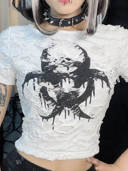 Nova Retro Estética Gótica Mulheres Gráfico T-shirts Ocos Vintage, Grunge Moda Crop Tops Punk Magro O-pescoço Emo Streetwear