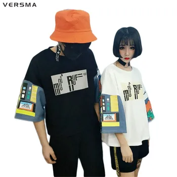 VERSMA 2017 Japonês Harajuku BF Patchwork Padrão Impresso T-shirt Homens Mulheres Moda Verão Solto Tops, T-Shirt Algumas Roupas