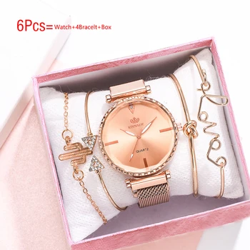 Venda quente Senhoras Relógio de Quartzo 6Pcs Pulseira Relógios Para Mulheres Relógios de Moda as Mulheres Pulseira Definido Feminino Diamante Relógio Com Caixa