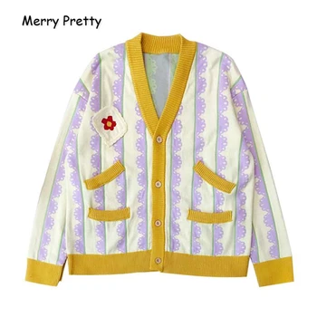 FELIZ lindas Mulheres do Bordado Floral Cardigans 2021 Inverno Grossa Quente Decote em V, Blusas de Malha Jacquard Engraçado Suéter de Malha
