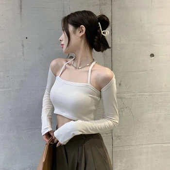 Algodão Suspender Magro Roupas De Streetwear De Outono Nova-Coreano Suspender Ombro De Duas Peças De Conjunto Casual Mulheres Tops