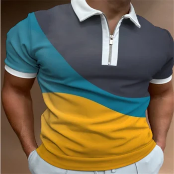 Novo Respirável Camisa Polo masculina Top de Manga Curta de Verão, Camisa de Impressão 3D Contraste T-shirt Topo