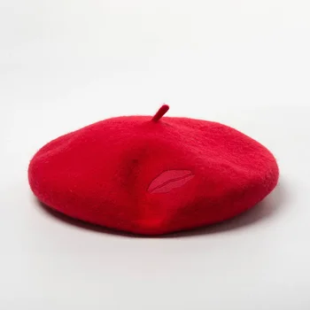 Outono inverno novo lábio vermelho bordado de lã boina pintor chapéu Ms. moda quente bordado bud pac