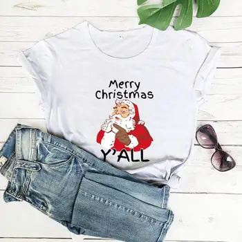 Feliz Natal Bonito de Santa Claus Gráfico Impresso T-shirt Vintage Férias de Inverno shirt Engraçada Casual 100%Algodão Tops