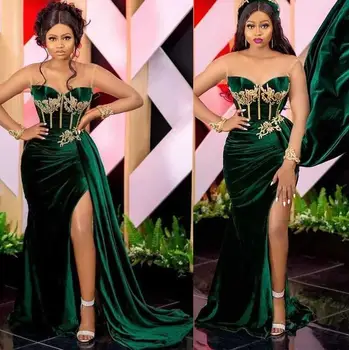 2023 Verde Esmeralda Africana De Baile, Vestidos De Festa Sexy Fenda Querida Árabe Aso Ebi De Veludo Tamanho Plus Ocasião Evening Gown