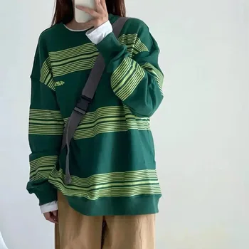 Suéter listrado Mulher Cair de Novo Soltos coreano de Hip-Hop de Moda da Maré Marca de Roupas de Qualidade Casal Desgaste Aluno Camisa de Manga comprida