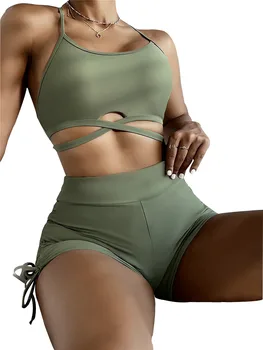 2021 Novo Cintura Alta Swimsuit Bikini Sexy Conjunto Sólido Verde Do Exército Duas Peças De Roupa De Banho Frente Cruz Maiô Mulheres Beachwear